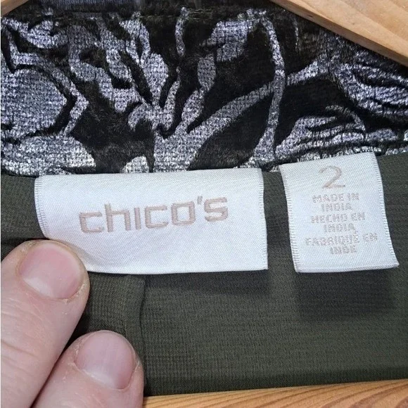 Chicos Velvet Burnout Floral Duster Cardigan Olive Green Silver Size 2 Large - Picture 3 of 8